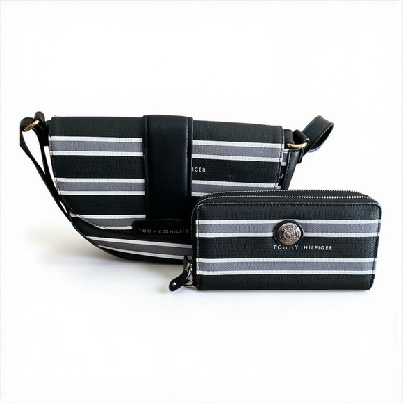 Tommy Hilfiger Handbags - Tommy Hilfiger Black and Gray Striped Crossbody and Wallet